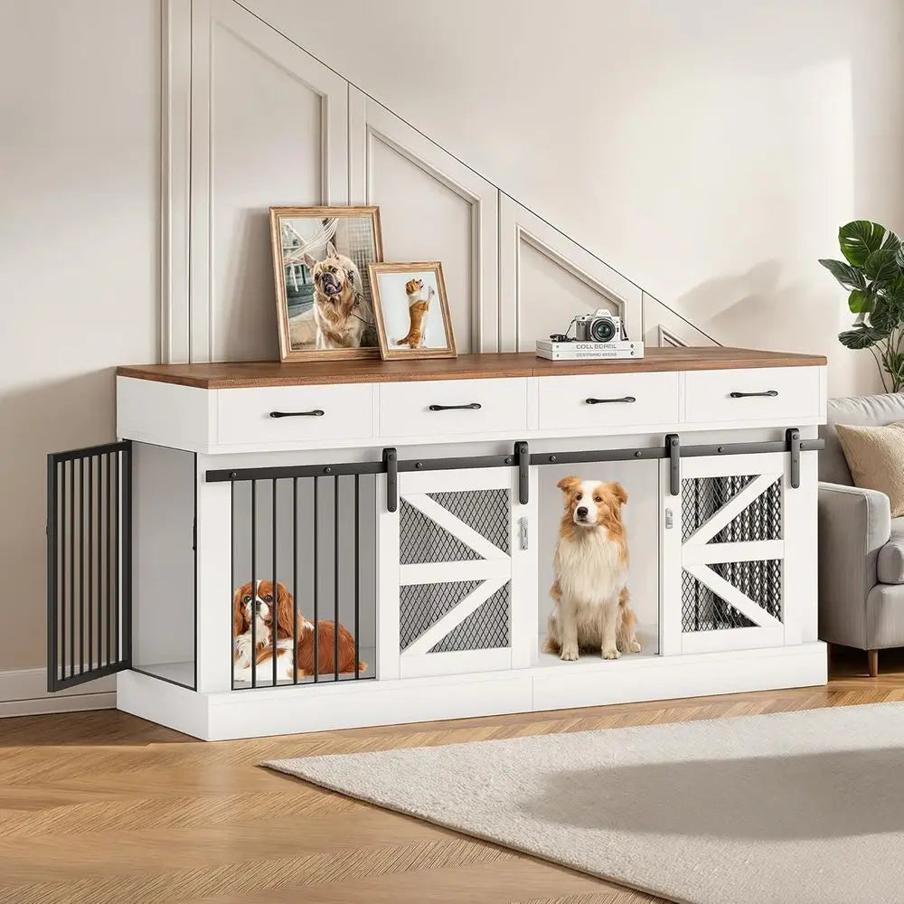 71 Heavy-Duty Indoor Wooden Dog Crate for 1-2 Dogs, Removable Divider & Storage Drawers - Multifunctional Pet Furniture, TV Stan