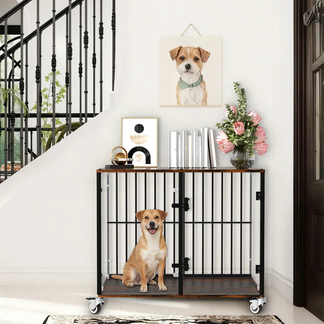 Indoor Dog Cage: Furniture Style Tempered Glass Dog Pet Cage Dog Kennel End Table Crate with Smooth Rolling Wheels