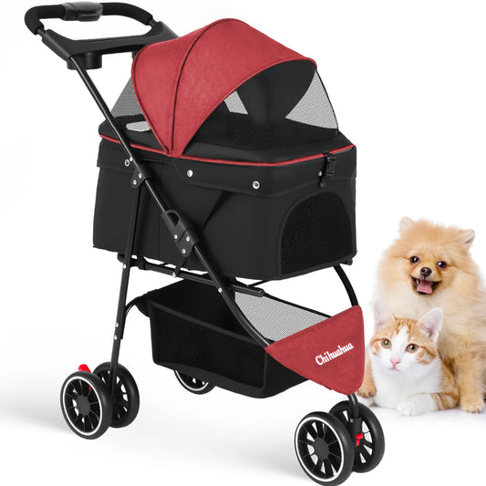 Pet Stroller For Small Medium Dogs 3 Wheels Foldable with Breathable Mesh Canopy Pet Travel Carrier Suitable Outdoor Travel