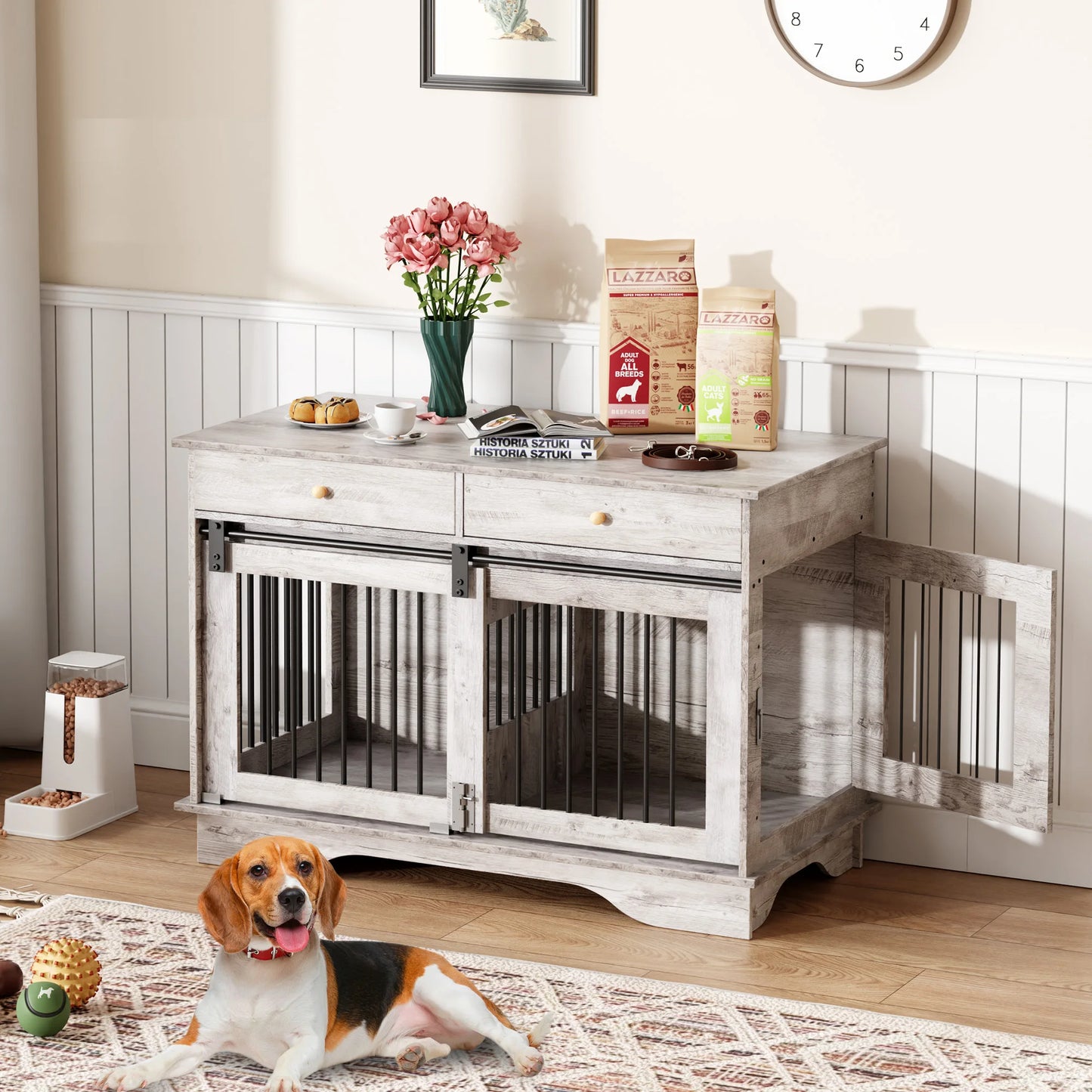 Dog Furniture Crate, 47" Large Dog Crate Furniture with 2 Storage Drawers & Removable Divider for Large Medium Small Dogs
