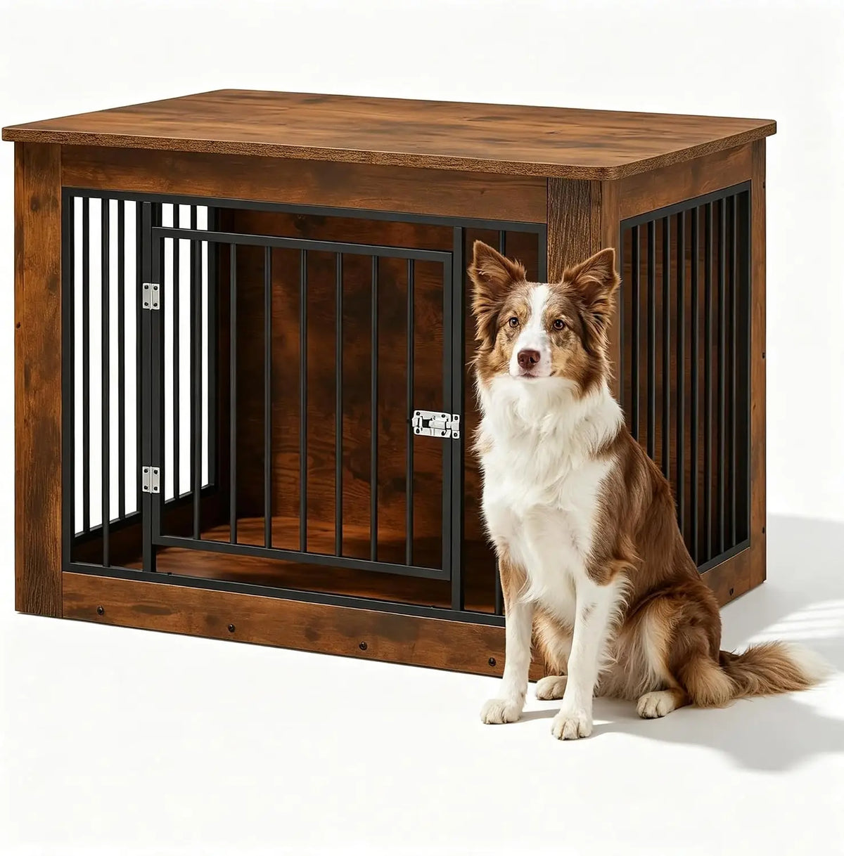 Furniture Style Dog Crate End Table Wooden Kennel For Dogs Brown 38.2 X 24 X 26.8 Inch Chew Resistant Build 2 Doors With Safety Latch Adjustable Legs Good Ventilation Fits Small to Medium Dogs Up  to 75 Lbs