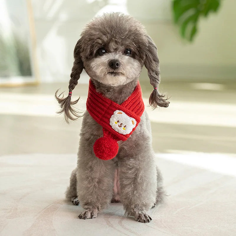 Dog Knitted Scarf Red Knit Scarves with Fuzzy Pompom Neck Warmer Bandana Xmas Holiday Winter Pet Puppy Cat Costume