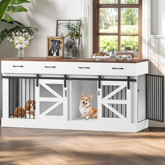 71 Heavy-Duty Indoor Wooden Dog Crate for 1-2 Dogs, Removable Divider & Storage Drawers - Multifunctional Pet Furniture, TV Stan