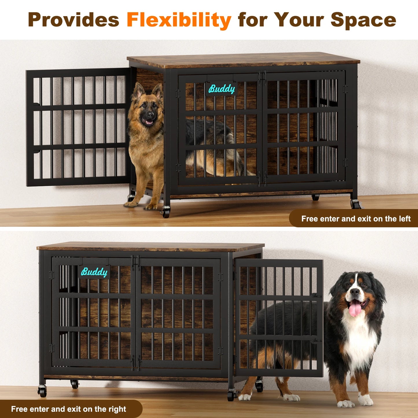 Dog Crate Furniture with Casters, Heavy Duty Dog Kennel Indoor for Small to Large Dogs, Decorate House as TV Stand, Bedside Table