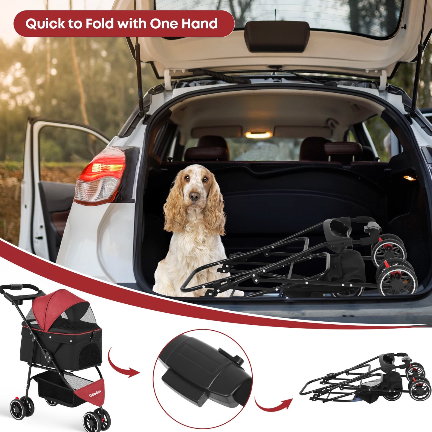 Pet Stroller For Small Medium Dogs 3 Wheels Foldable with Breathable Mesh Canopy Pet Travel Carrier Suitable Outdoor Travel
