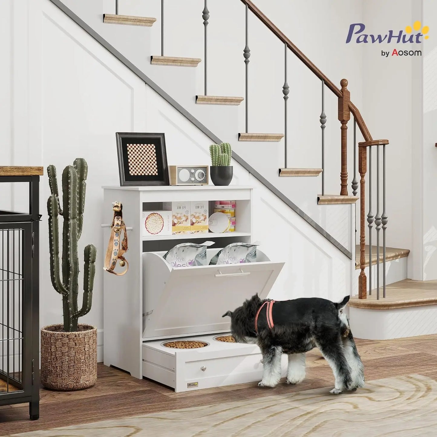 Dog Feeding Station with Raised Bowls & Storage Cabinet, Pet Feeder Cabinet Container with Hanger for Feeding &, Customized