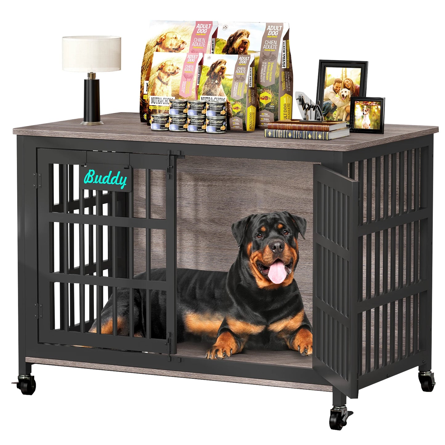 Dog Crate Furniture with Casters, Heavy Duty Dog Kennel Indoor for Small to Large Dogs, Decorate House as TV Stand, Bedside Table