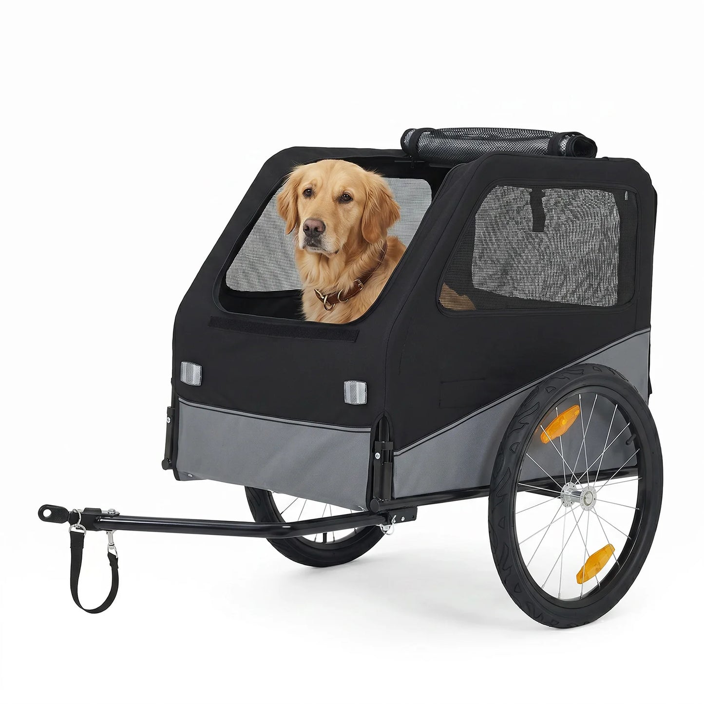 Foldable Dog Bike Trailer, Heavy Duty Steel Frame Pet Bike Carrier, 100 LBS Capacity Oxford Fabric Dog Carrier Bicycle Trailer with Mesh Window Reflectors for Small, Medium, and Large Dogs, Black
