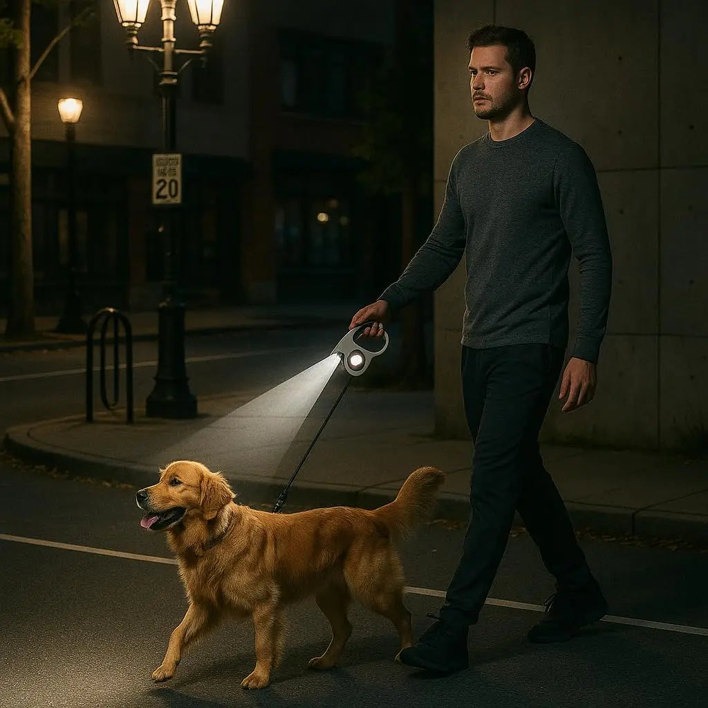 Retractable Dog Leash with LED Flashlight 5M/16FT, Ergonomic Anti-Slip Handle, Heavy Duty Nylon Pet Walking Leash for Dogs Under 25kg Night Walking