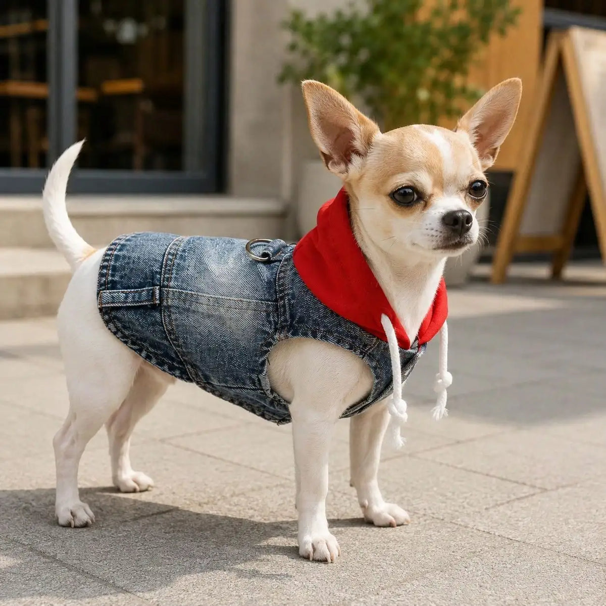 One Piece Pet Hoodie, Four-Season Denim Vest For Outdoor Wear, Drawstring Outfit For Dogs & Cats, Fit Teddy Bichon