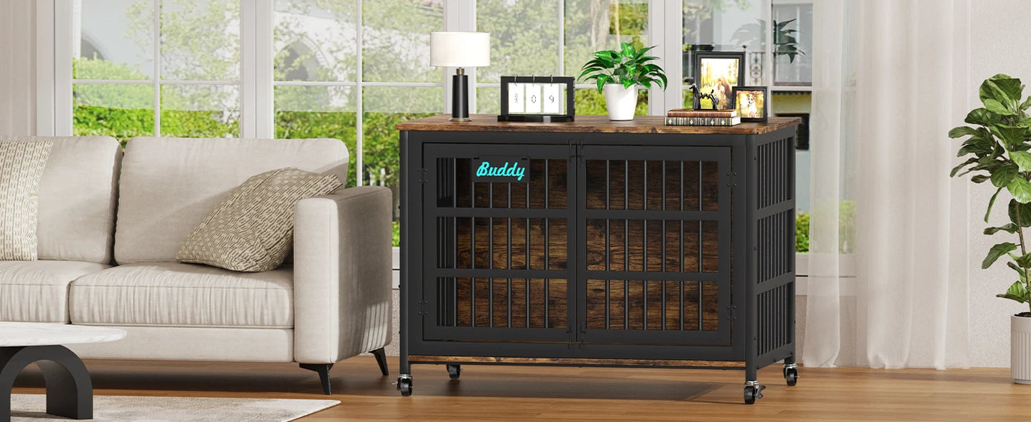Dog Crate Furniture with Casters, Heavy Duty Dog Kennel Indoor for Small to Large Dogs, Decorate House as TV Stand, Bedside Table