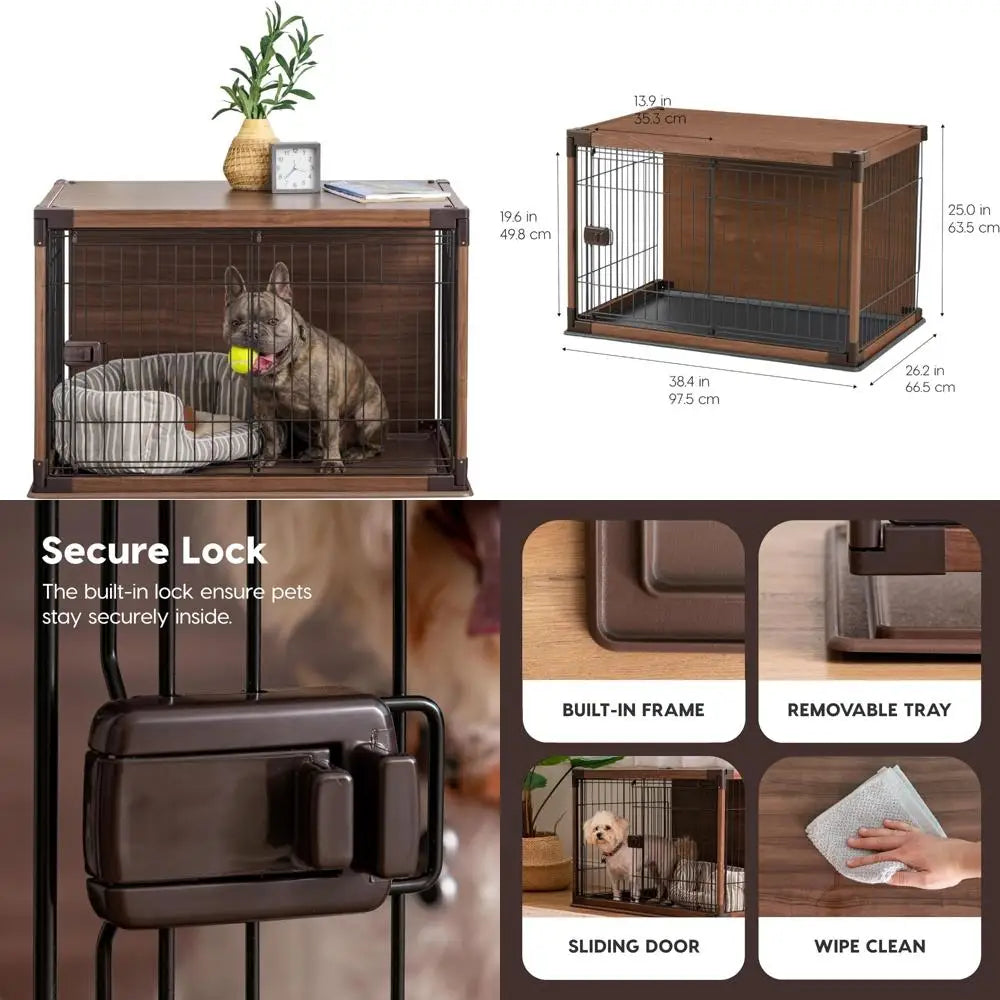 IRIS USA Modern Wooden Dog Crate – Stylish Furniture-Style Indoor Kennel & End Table for Small to Medium Dogs, Secure Enclosed P