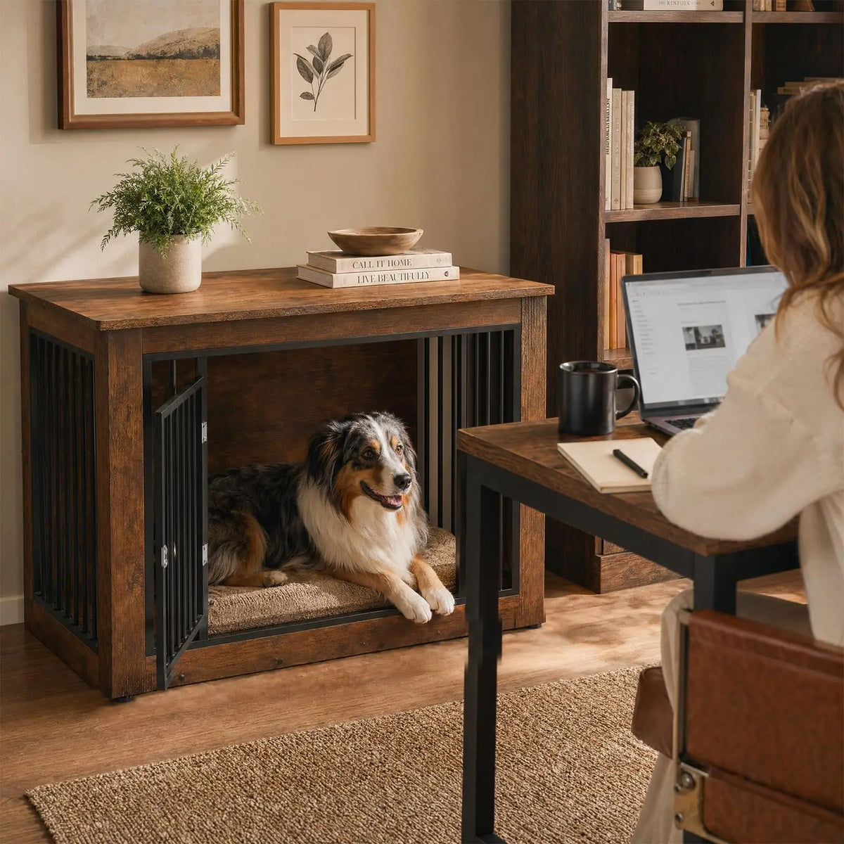 Furniture Style Dog Crate End Table Wooden Kennel For Dogs Brown 38.2 X 24 X 26.8 Inch Chew Resistant Build 2 Doors With Safety Latch Adjustable Legs Good Ventilation Fits Small to Medium Dogs Up  to 75 Lbs