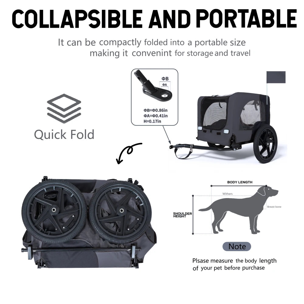 Outdoor Heavy Duty Collapsible Pet Bike Trailer with 16-Inch All-Terrain Wheels & Universal Hitch - Foldable Dog/Cargo Carrier Cart for Bicycles, Black + Dark Gray