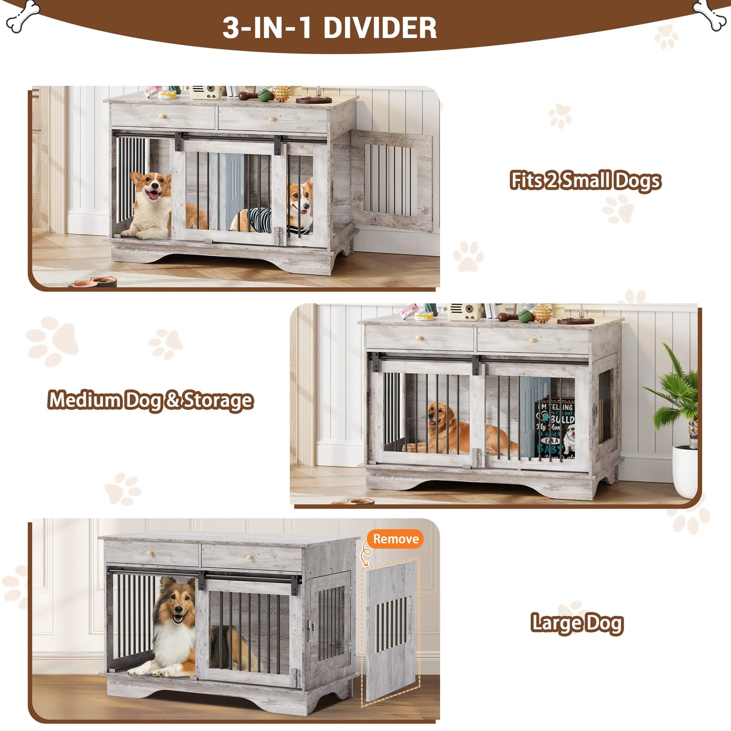 Dog Furniture Crate, 47" Large Dog Crate Furniture with 2 Storage Drawers & Removable Divider for Large Medium Small Dogs