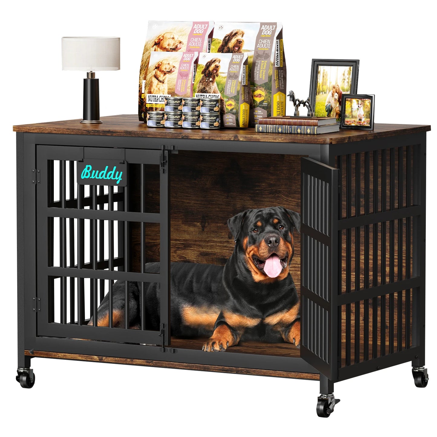 Dog Crate Furniture with Casters, Heavy Duty Dog Kennel Indoor for Small to Large Dogs, Decorate House as TV Stand, Bedside Table