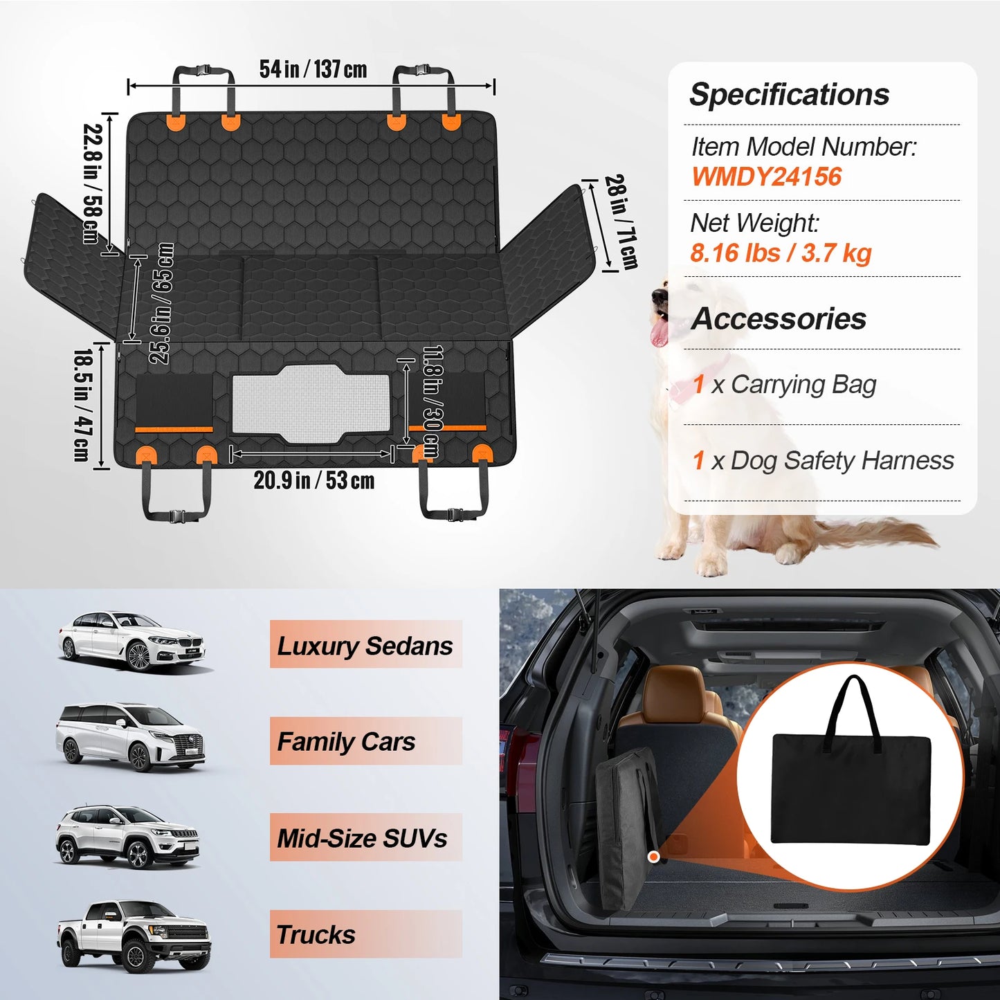 Back Seat Extender Dog Car Seat Cover for Back Seat Bed with Mesh Window and Storage Pocket Supports 350lbs Dog Hammock