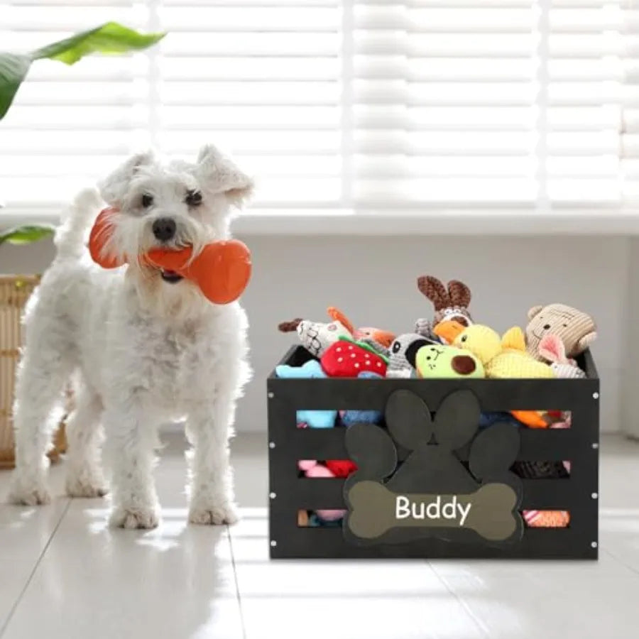 Dog Toy Basket Wood Dog Toy Bin Storage Baskets Box with Handles and Label Position Design Large Organizer with Caulk Board Personalization