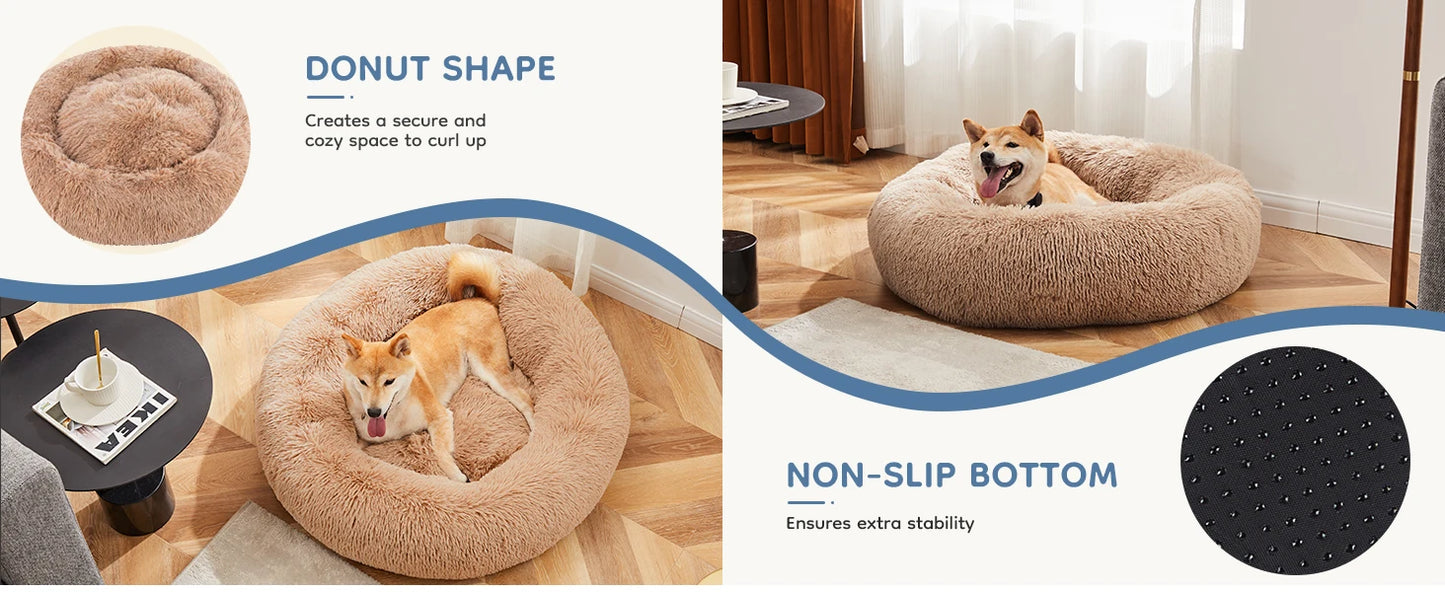 Calming Dog Bed for Small to Large Dogs Washable Pet Bed Anti-Slip Round Fluffy Plush Faux Fur Dog Bed