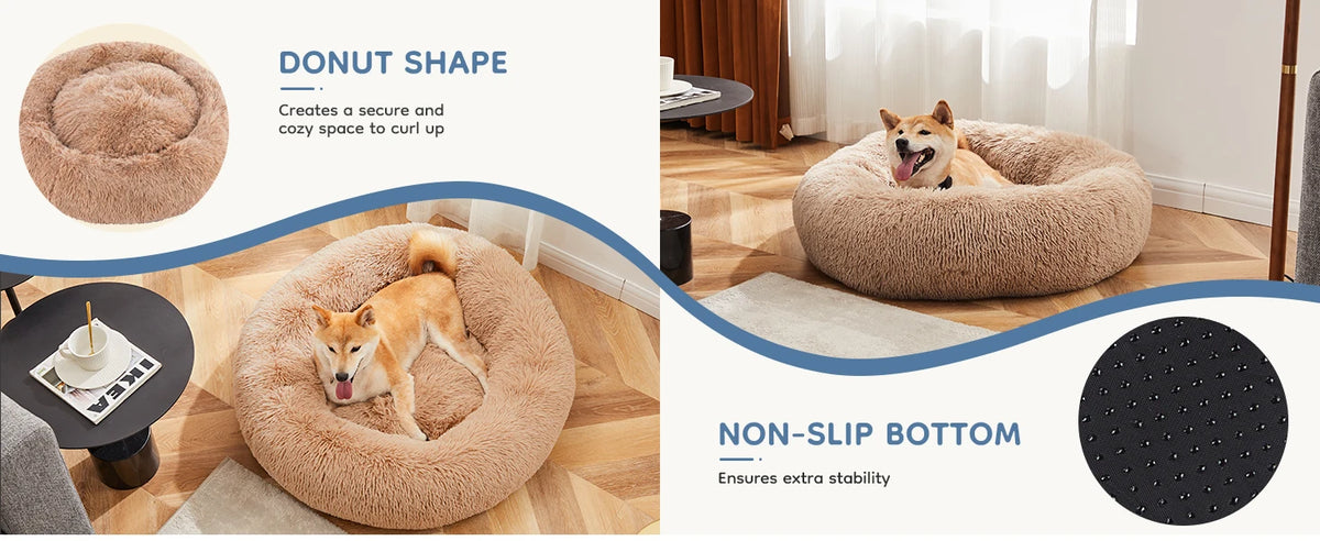 Calming Dog Bed for Medium to Large Dogs Washable Large Pet Bed Anti-Slip Round Fluffy Plush Faux Fur Dog Bed