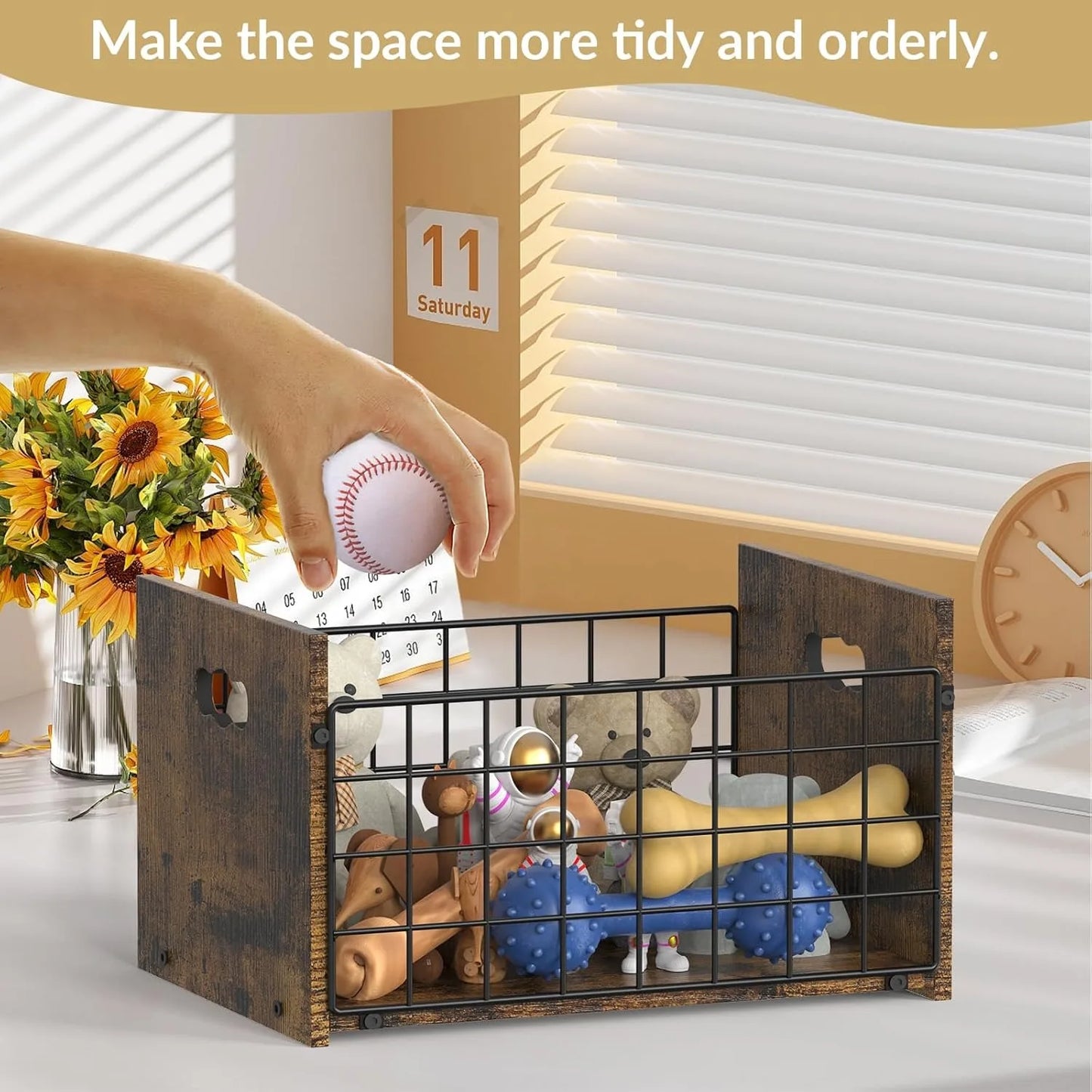 Metal Dog Toy Basket Organizer Wooden Pet Storage Box for Puppy/Small Dogs Multi-Purpose Chest for small dog toys