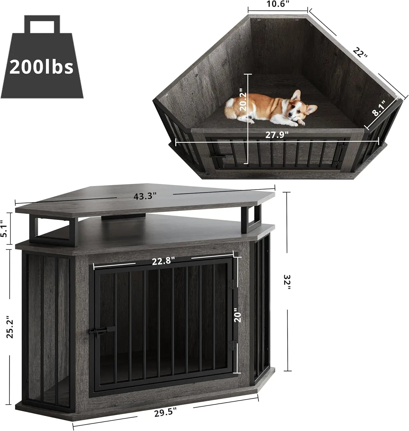 44" Corner Dog Crate with 2-Tier Shelves, Wooden Kennel Furniture for TV Stand, Indoor Pet Enclosure for Small Dogs and Medium Dogs