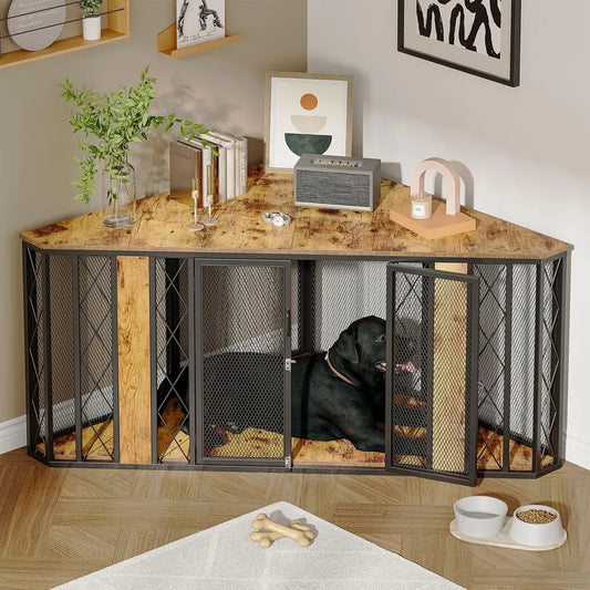 Large Wooden Dog Kennel Furniture, Dog Crate with 2 Doors, Decorative Dog Crate TV Stand End Table for Small to Large Dogs