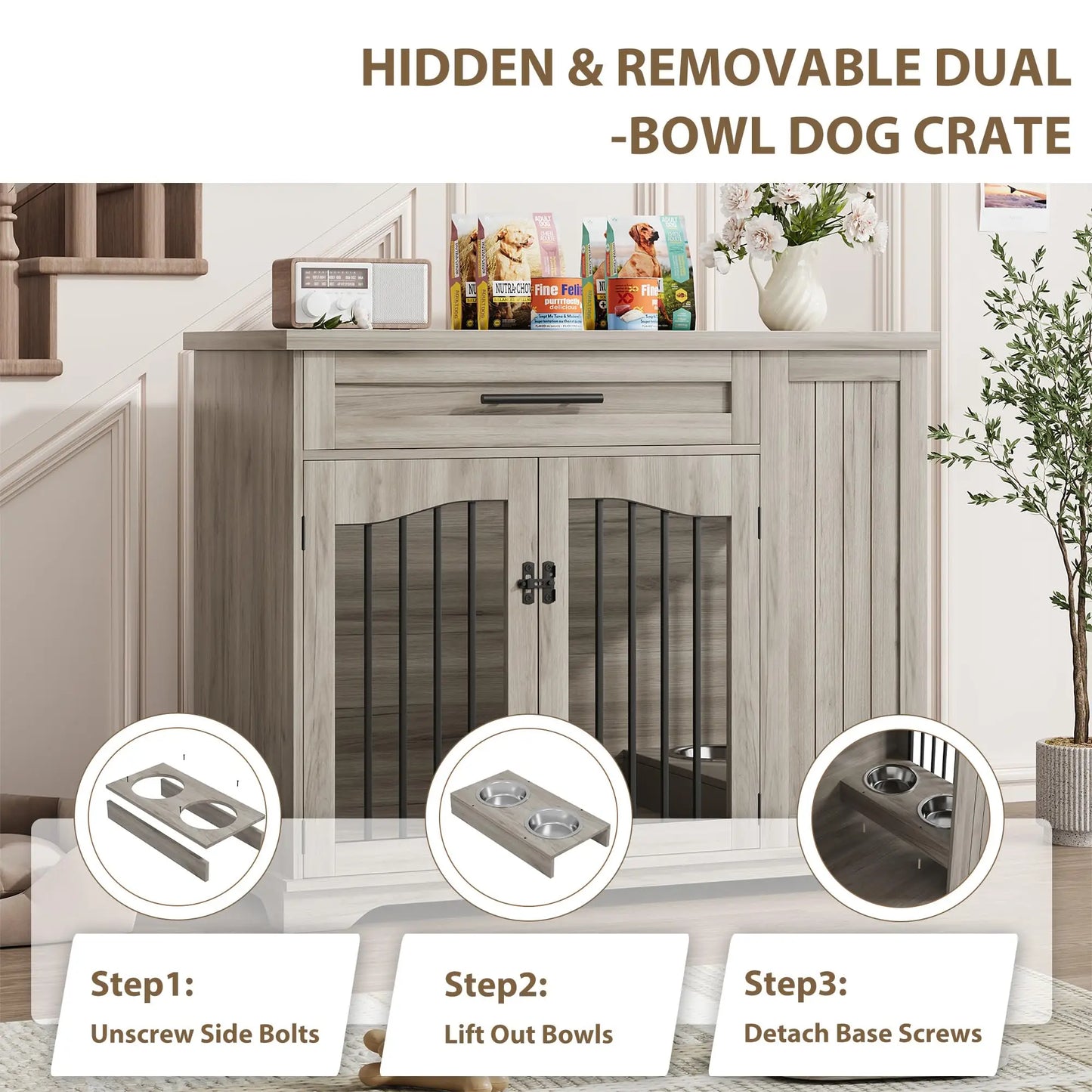 44 Inch Furniture Style Dog Crate Heavy Duty Wooden Dog Kennel With Drawer Side Storage & Built-in Feeding Station For Small to Medium Sized Pets