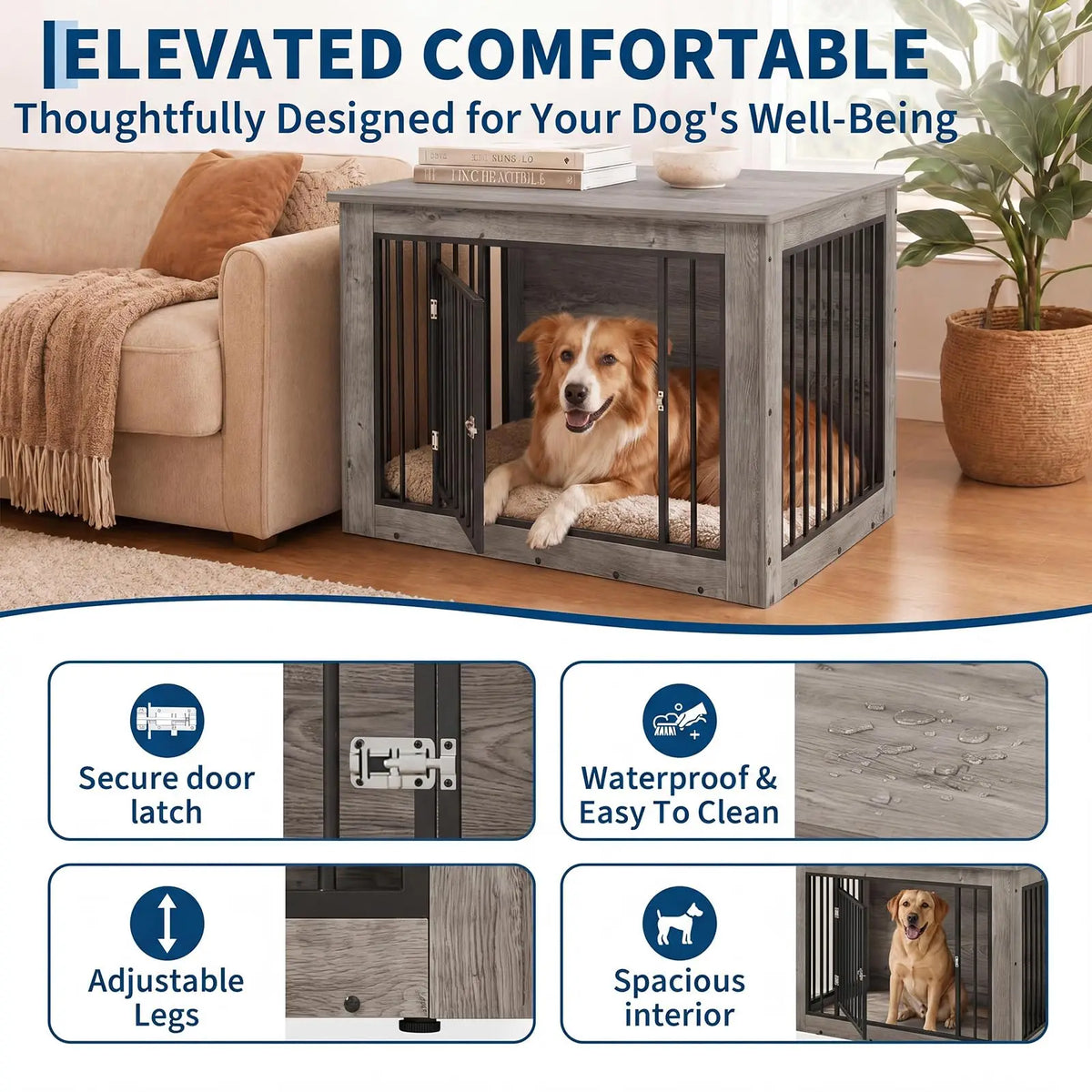 Furniture Style Dog Crate End Table Wooden Kennel For Dogs Brown 38.2 X 24 X 26.8 Inch Chew Resistant Build 2 Doors With Safety Latch Adjustable Legs Good Ventilation Fits Small to Medium Dogs Up  to 75 Lbs