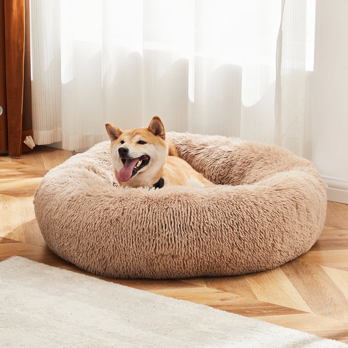 Calming Dog Bed for Small to Large Dogs Washable Pet Bed Anti-Slip Round Fluffy Plush Faux Fur Dog Bed