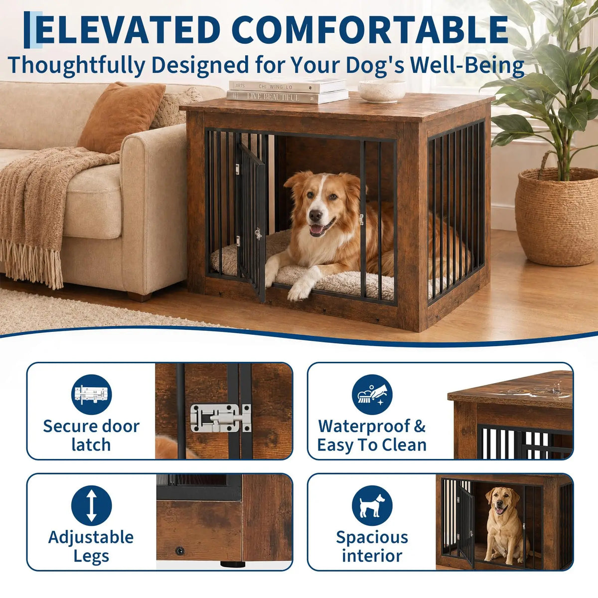 Furniture Style Dog Crate End Table Wooden Kennel For Dogs Brown 38.2 X 24 X 26.8 Inch Chew Resistant Build 2 Doors With Safety Latch Adjustable Legs Good Ventilation Fits Small to Medium Dogs Up  to 75 Lbs
