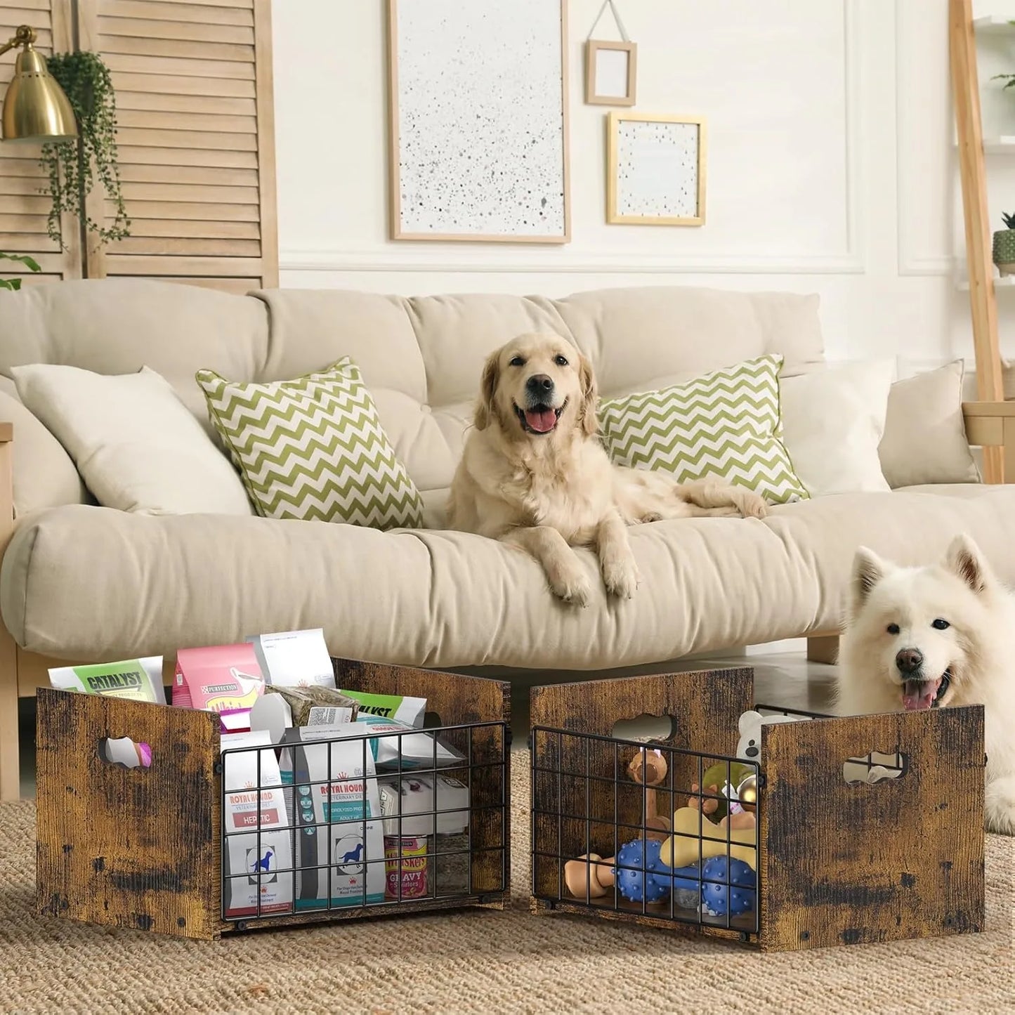Metal Dog Toy Basket Organizer Wooden Pet Storage Box for Puppy/Small Dogs Multi-Purpose Chest for small dog toys