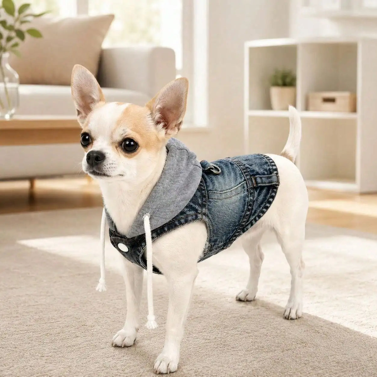 One Piece Pet Hoodie, Four-Season Denim Vest For Outdoor Wear, Drawstring Outfit For Dogs & Cats, Fit Teddy Bichon