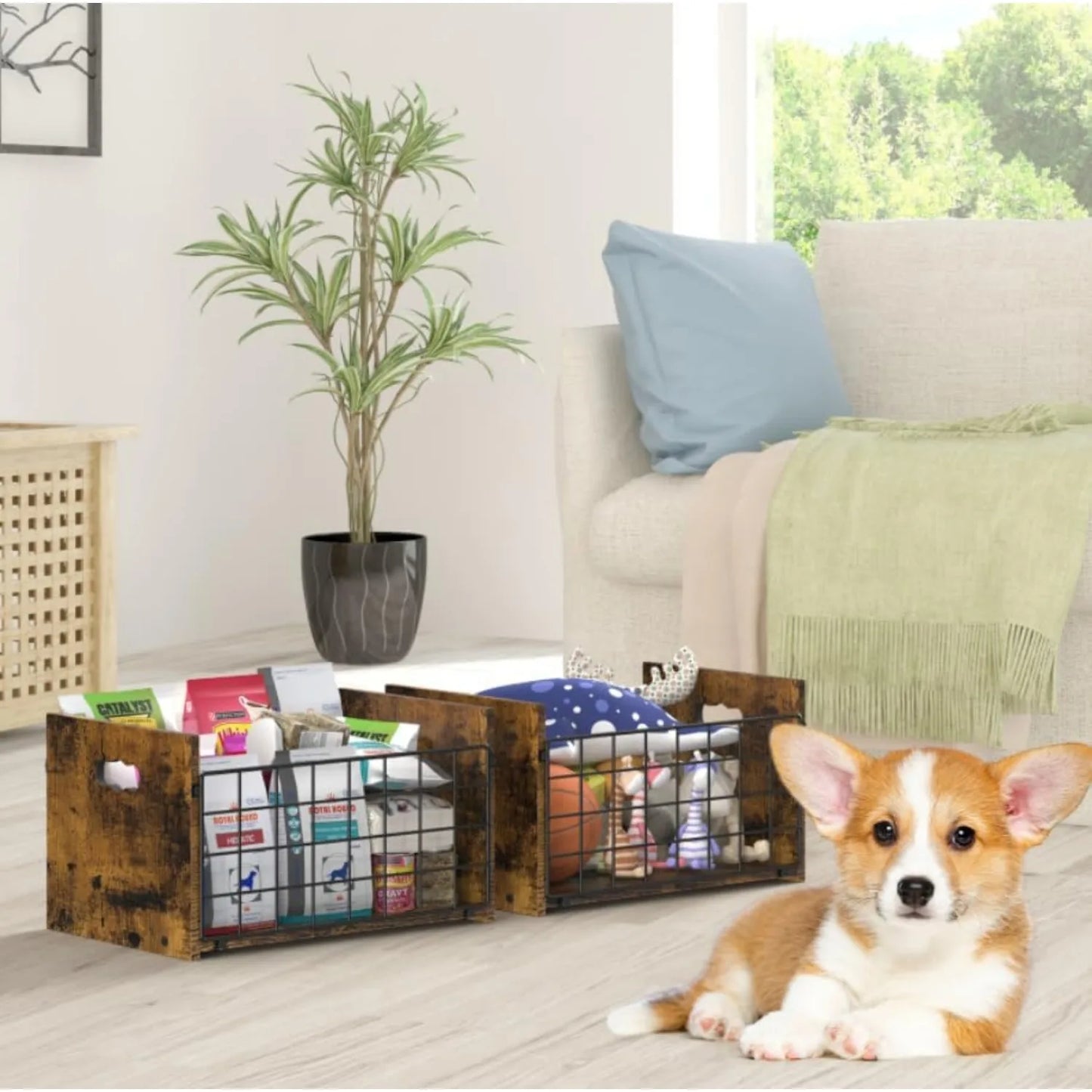 Metal Dog Toy Basket Organizer Wooden Pet Storage Box for Puppy/Small Dogs Multi-Purpose Chest for small dog toys