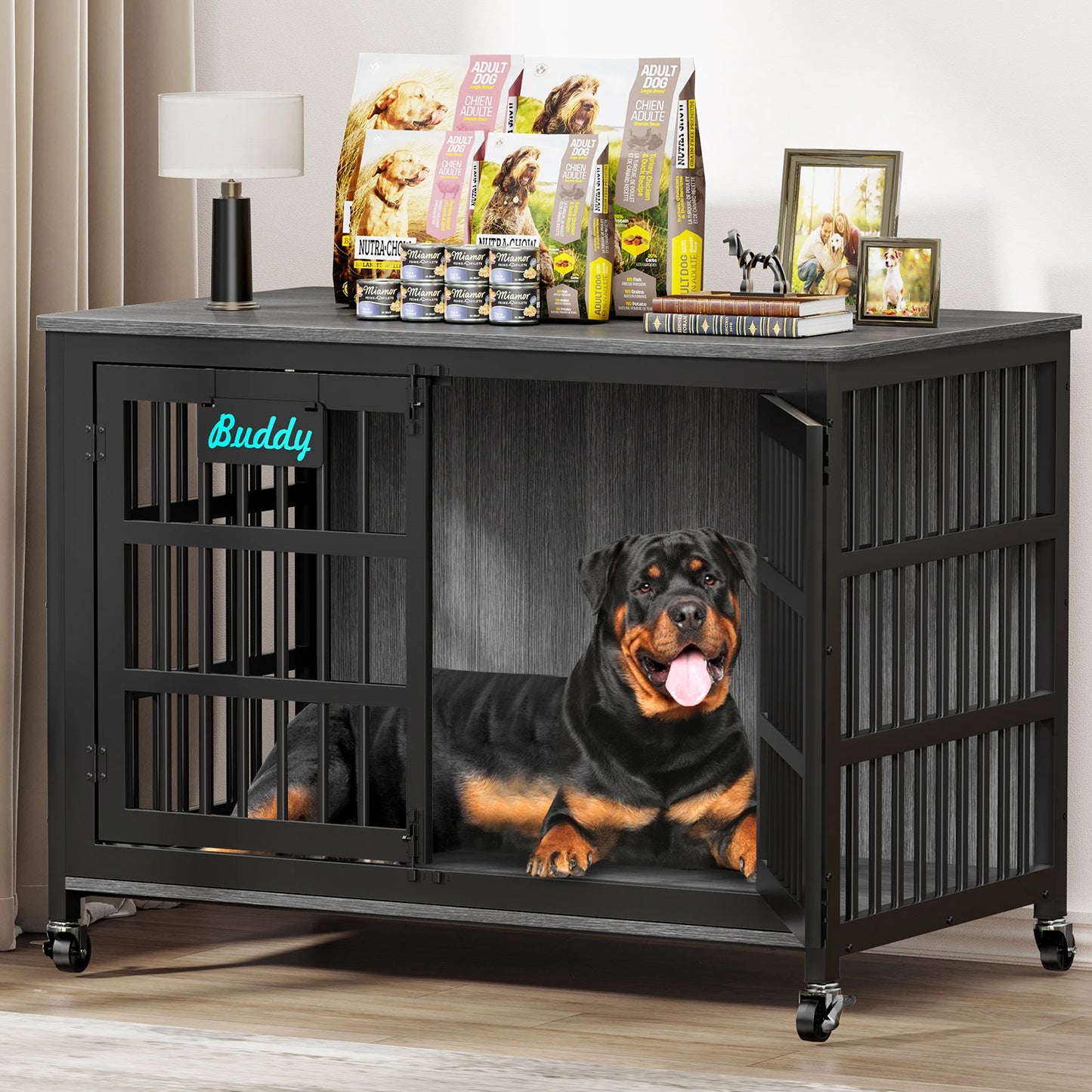 Dog Crate Furniture with Casters, Heavy Duty Dog Kennel Indoor for Small to Large Dogs, Decorate House as TV Stand, Bedside Table