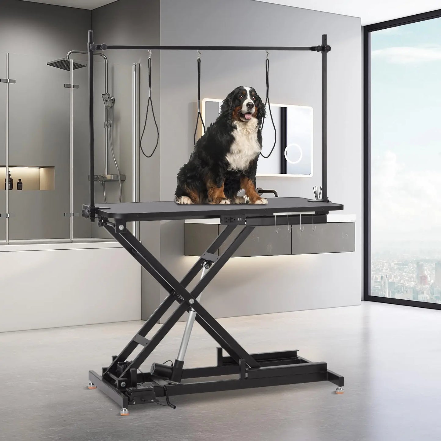 Electric Dog Grooming Table, Height Adjustable Pet Grooming Table with Arm, 264LBS Capacity, Anti-Slip Top & Tool Organizer, for Home/Professional Use, Black