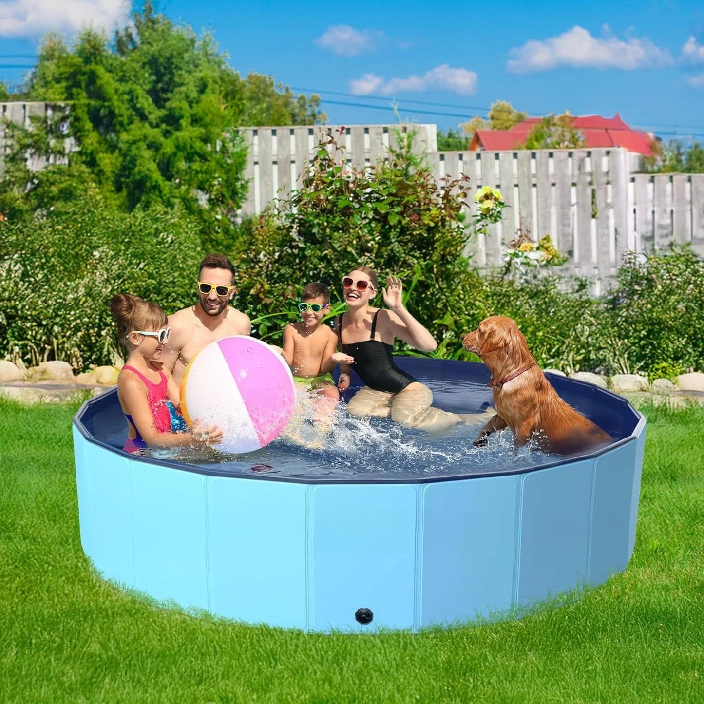 107 Inch Foldable Dog Pool, Extra Large Collapsible Hard Plastic Dog Kiddie Swimming Pool, Portable