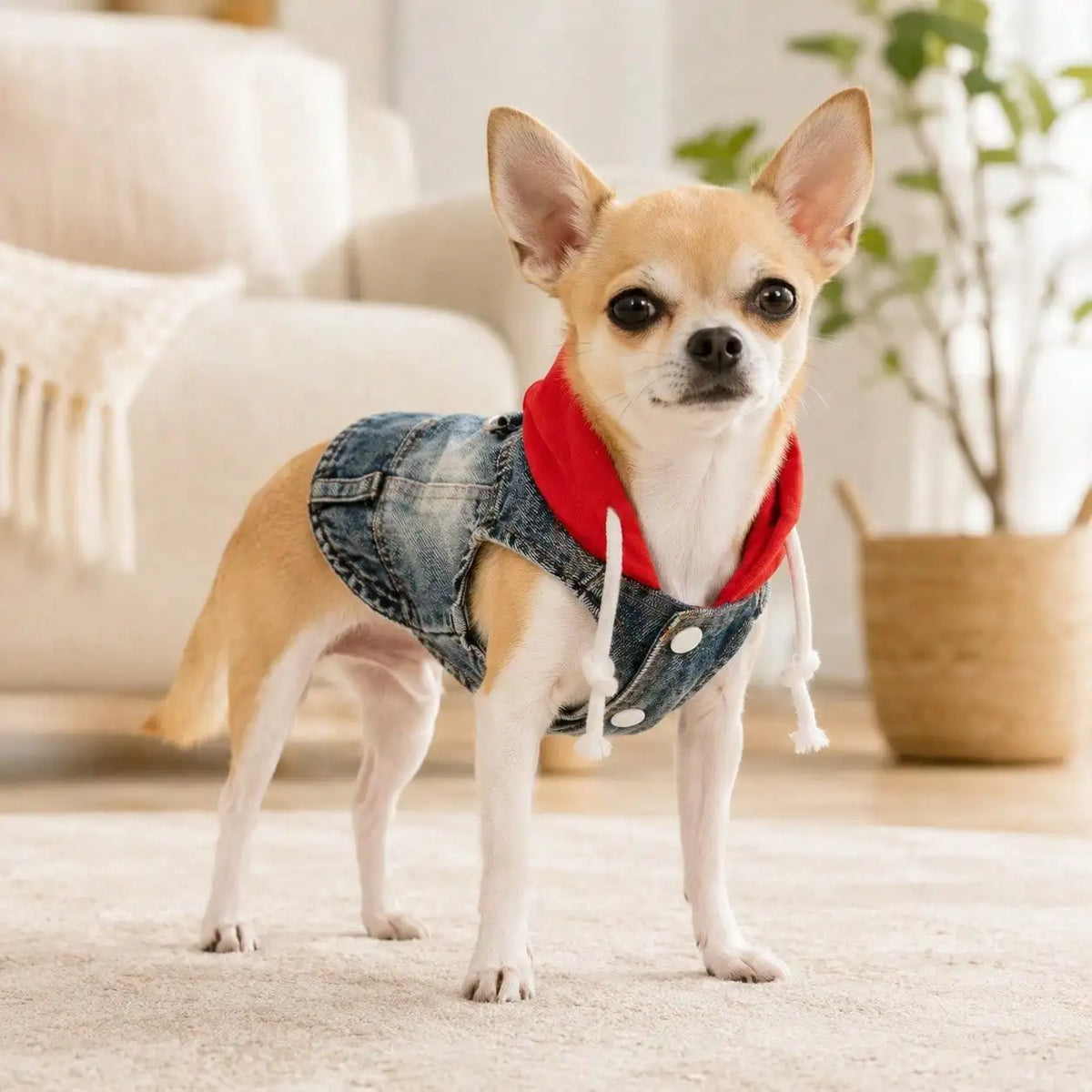 One Piece Pet Hoodie, Four-Season Denim Vest For Outdoor Wear, Drawstring Outfit For Dogs & Cats, Fit Teddy Bichon