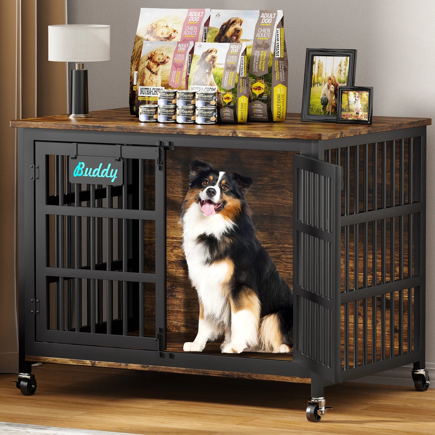 Dog Crate Furniture with Casters, Heavy Duty Dog Kennel Indoor for Small to Large Dogs, Decorate House as TV Stand, Bedside Table