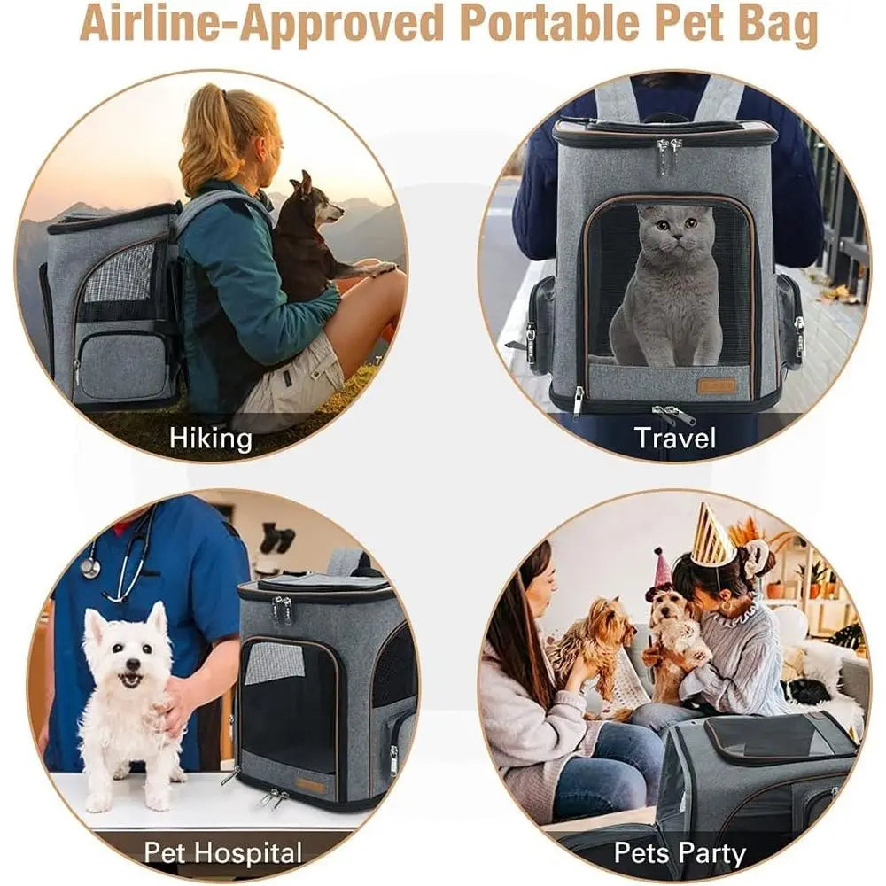 Expandable Pet Backpack Carrier for Small Dogs, Airline-Approved with Safety Leash, Grey