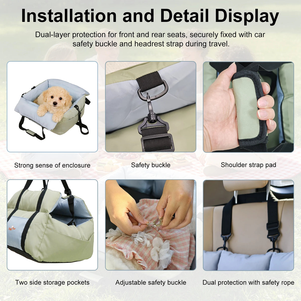 Portable Dog Car Seat Pet Dog Booster Seat Puppy Travel Carrier Bed with Safety Belt Storage Pocket Removable Washable Cover