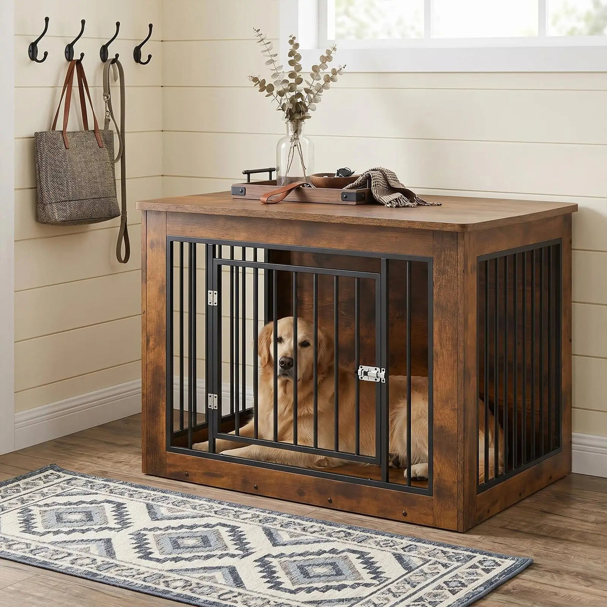 Furniture Style Dog Crate End Table Wooden Kennel For Dogs Brown 38.2 X 24 X 26.8 Inch Chew Resistant Build 2 Doors With Safety Latch Adjustable Legs Good Ventilation Fits Small to Medium Dogs Up  to 75 Lbs