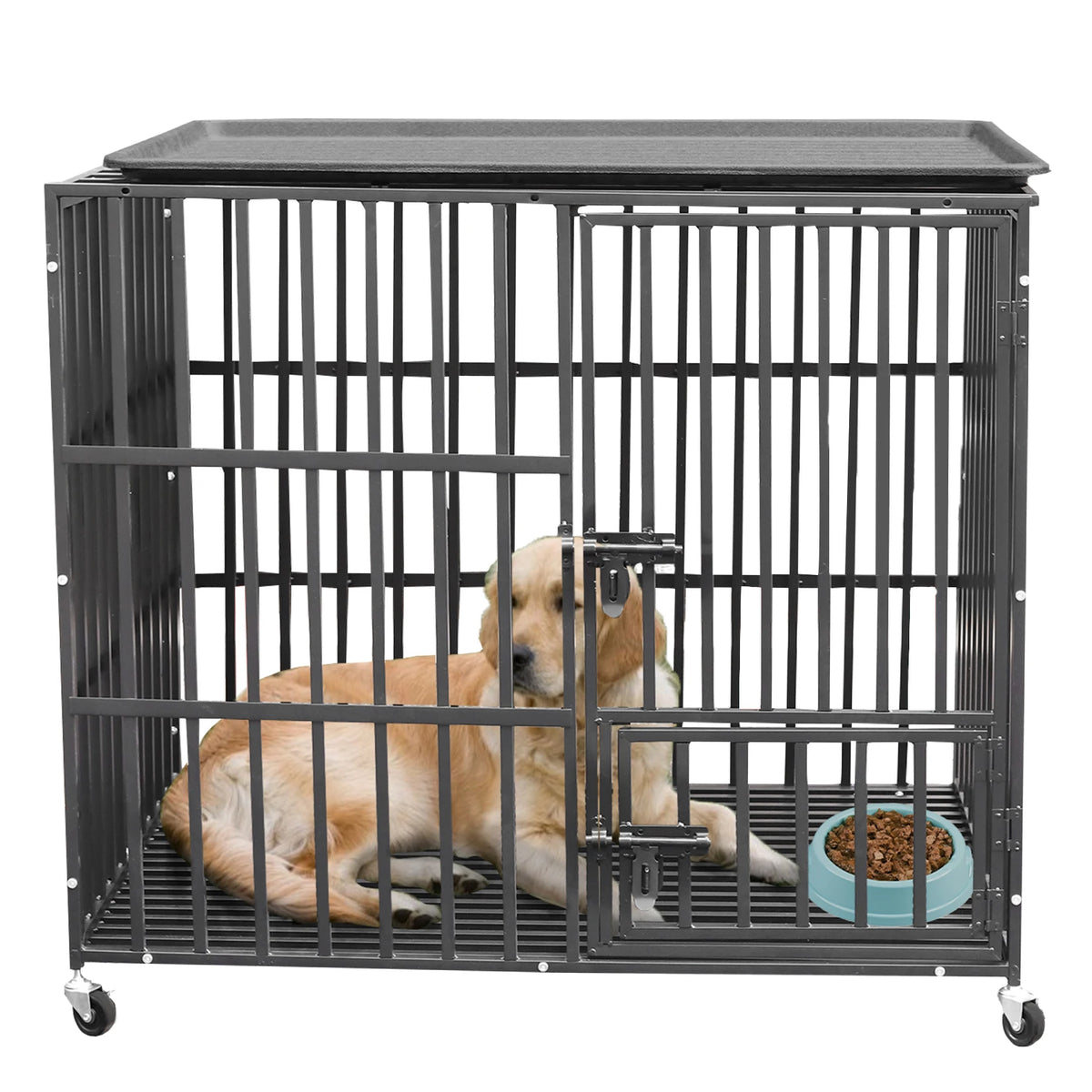 Heavy Duty Dog Cage 37” 42” 46” Metal Pet Dog Crate 3 Doors Locks Design Kennel Playpen with 4 Wheels Removable Tray