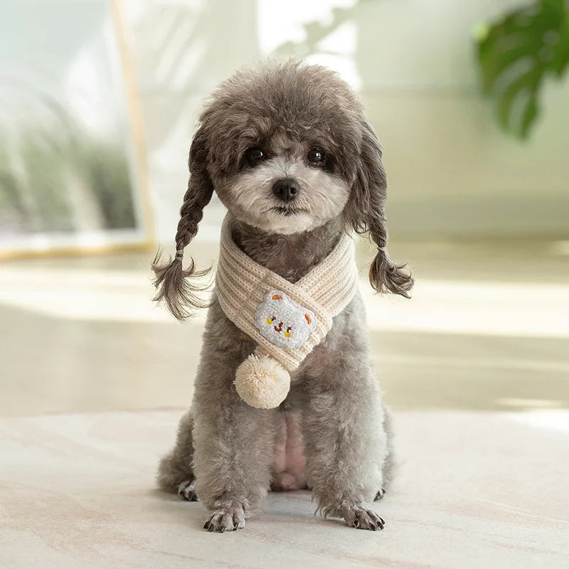 Dog Knitted Scarf Red Knit Scarves with Fuzzy Pompom Neck Warmer Bandana Xmas Holiday Winter Pet Puppy Cat Costume