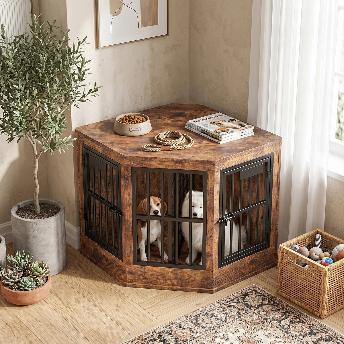 Corner Dog Crate Furniture Modern Indoor Dog Cage Decorative Pet House TV Stand for Medium and Large Sized Dogs Kennel Brown