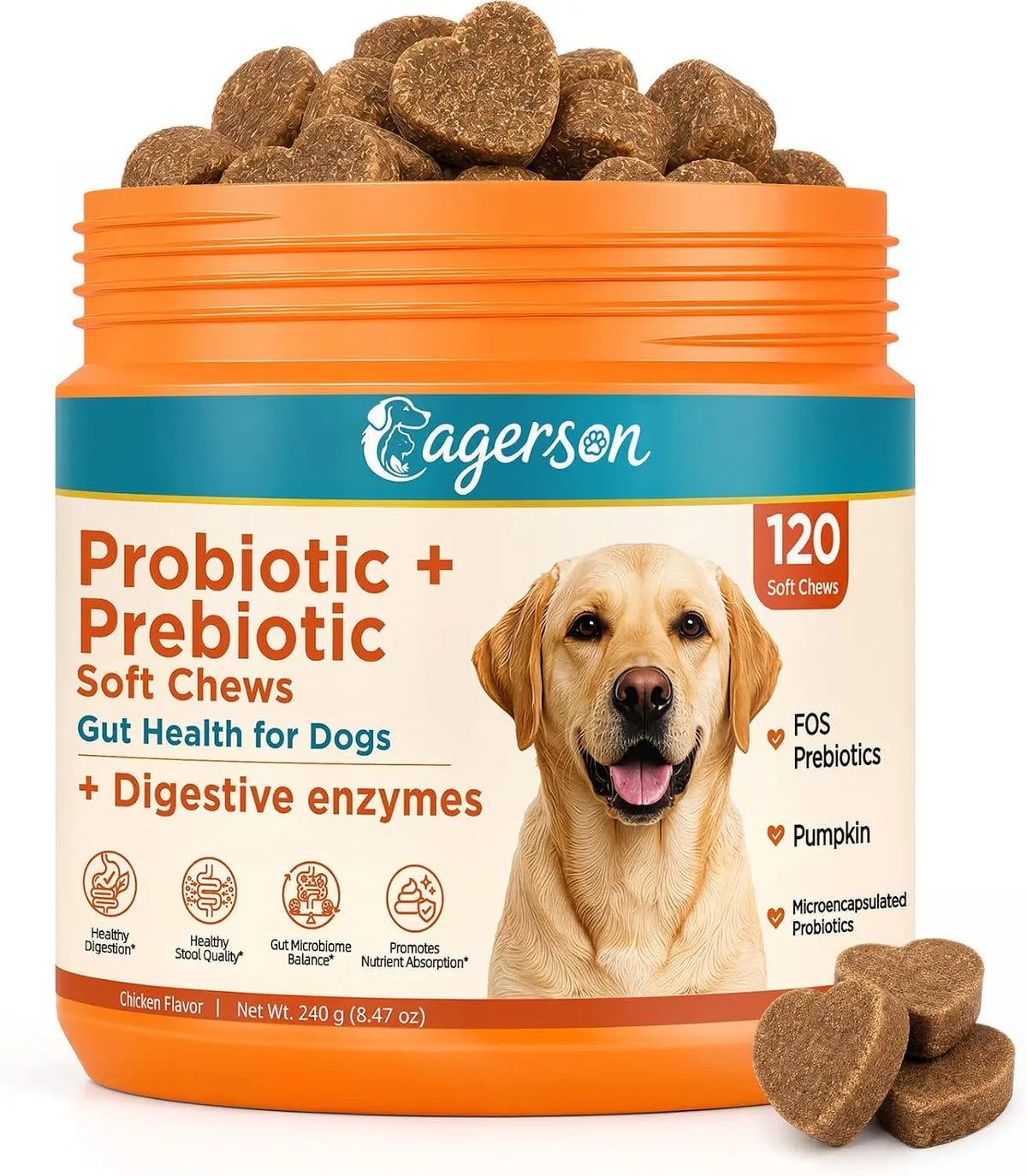 Soft Chews 120 Count Probiotics for Dogs Digestion & Stool Support – Bacillus Coagulans + FOS Prebiotics + Digestive Enzymes Formula