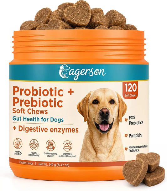 Soft Chews 120 Count Probiotics for Dogs Digestion & Stool Support – Bacillus Coagulans + FOS Prebiotics + Digestive Enzymes Formula