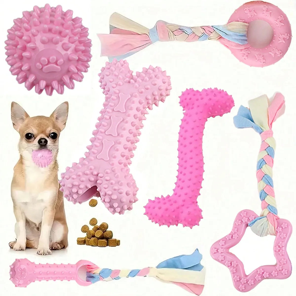 6-Piece Pink Rubber Dog Chew Toy Set with Braided Rope, Spiky Ball & Bone Shapes for Small Dogs