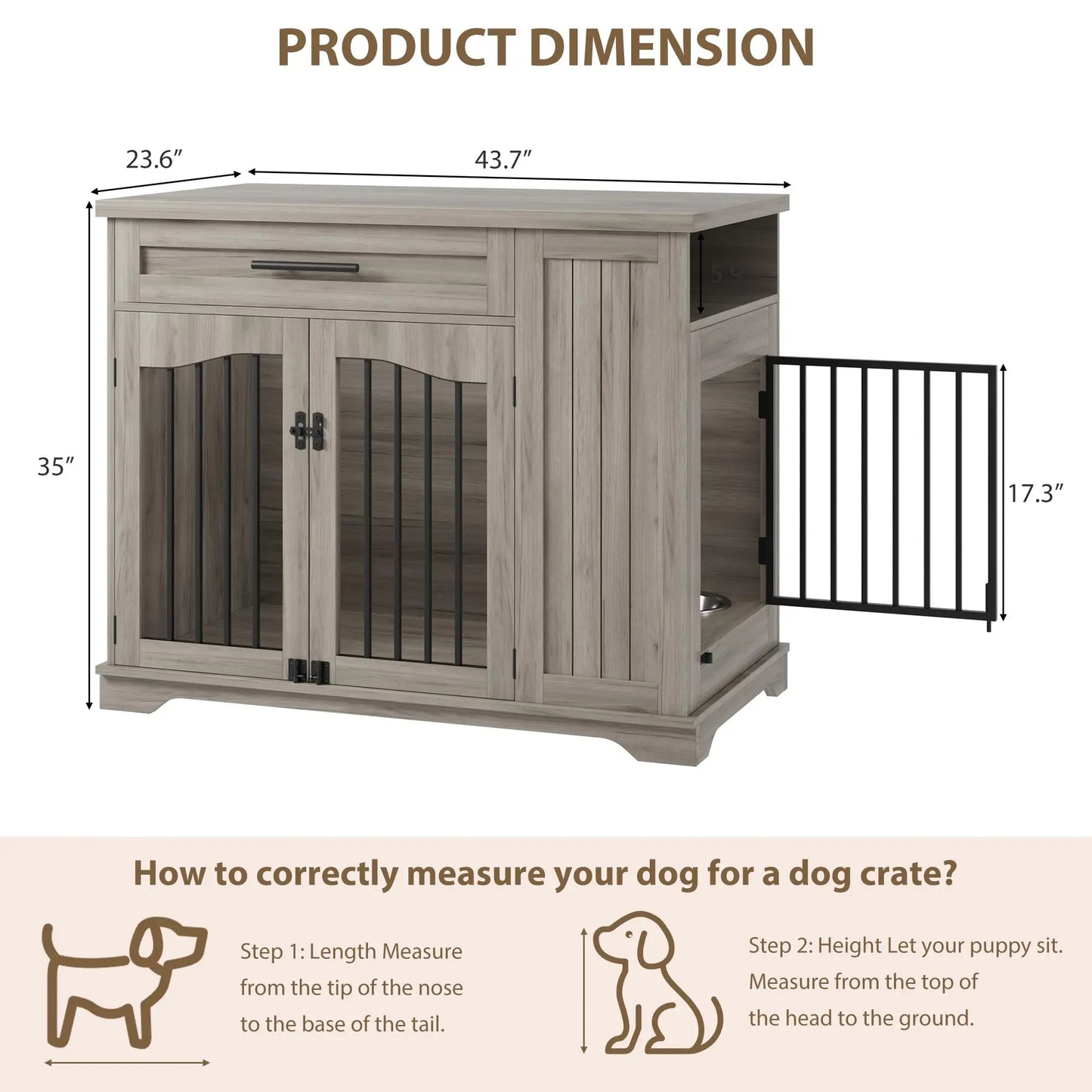 44 Inch Furniture Style Dog Crate Heavy Duty Wooden Dog Kennel With Drawer Side Storage & Built-in Feeding Station For Small to Large Dogs