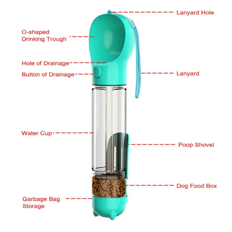 300ml Dog Water Bottle 4 in 1 Portable Pet Water Bowl Dispenser with Dog Whistle, Pet Travel Water Cup with Food Container